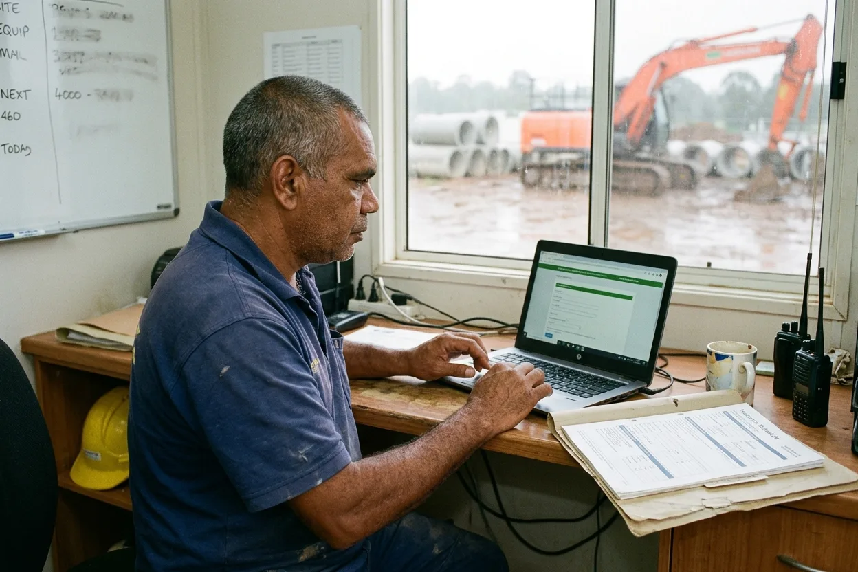 The owner of a small civil contracting business at a desk in a site office, working through a prequalification form on a laptop with insurance certificates beside him