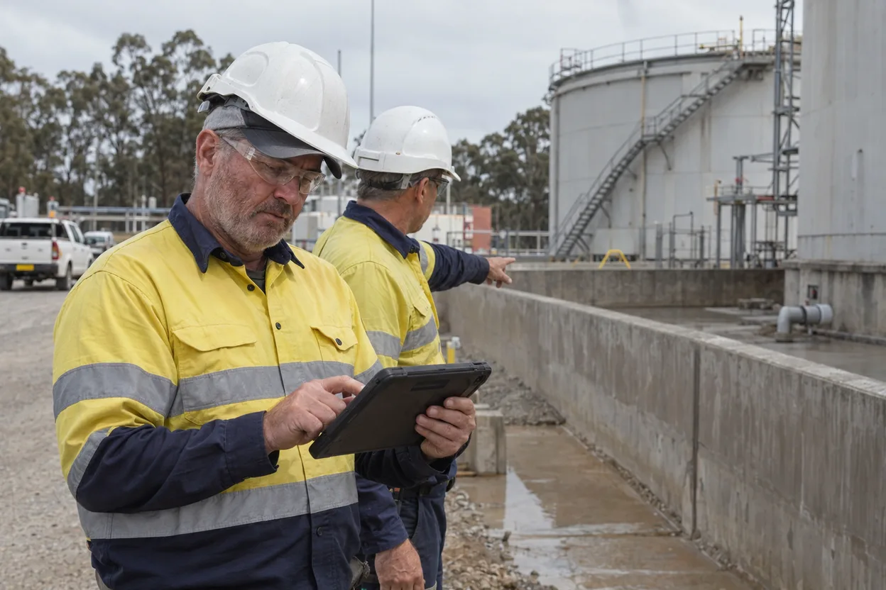 Two risk owners in hi-vis at a plant’s tank farm, one pointing at a bund wall while the other updates the residual risk on a tablet