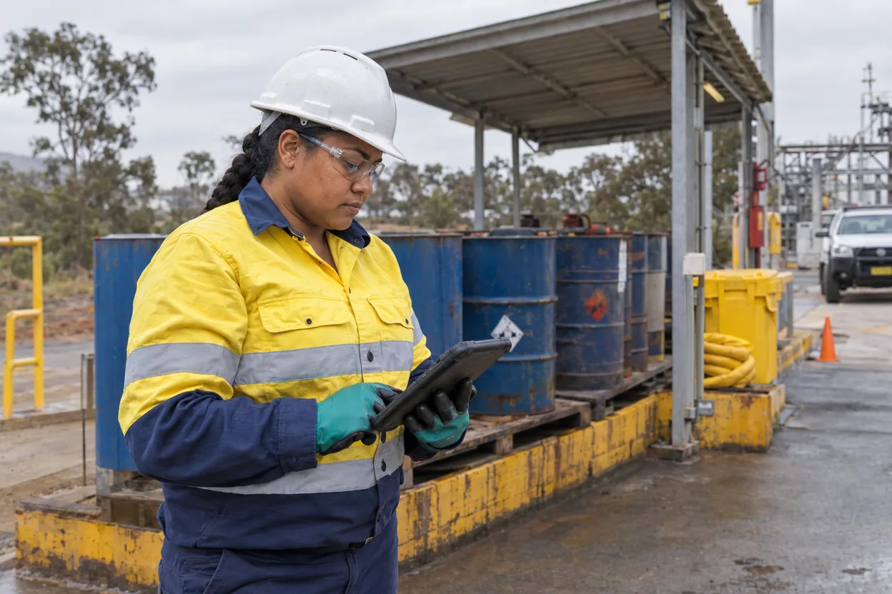 A risk owner in hi-vis at a chemical storage bund checking a control on her tablet, bunded drums and a spill kit behind her