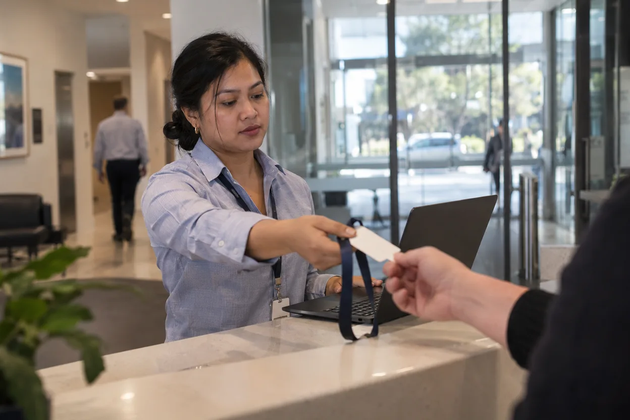 A facilities manager at a building reception counter taking back a leaver’s blank access card and lanyard, a laptop open beside her, and glass doors and a lobby behind