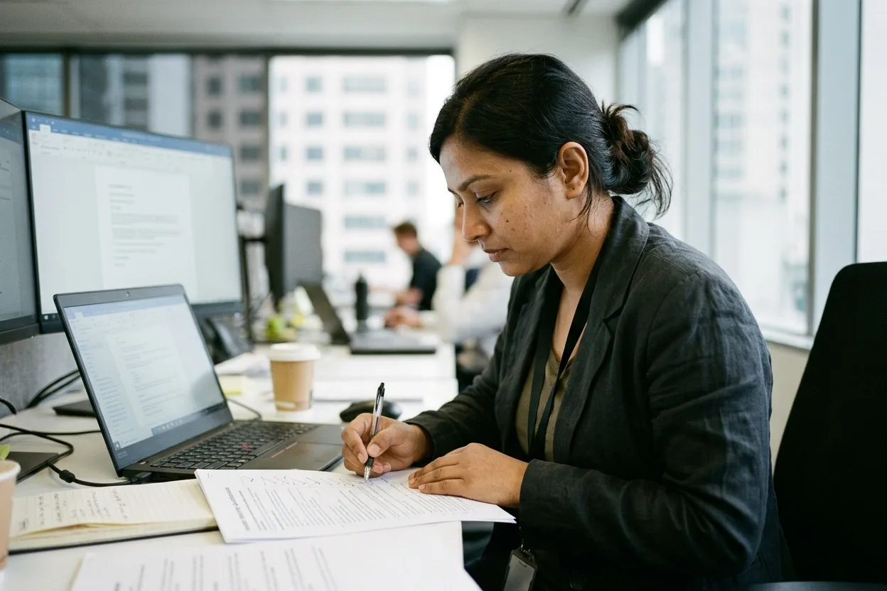 An IT security lead at a desk in an Australian corporate office working through a printed vendor security questionnaire beside a laptop, a pen in hand