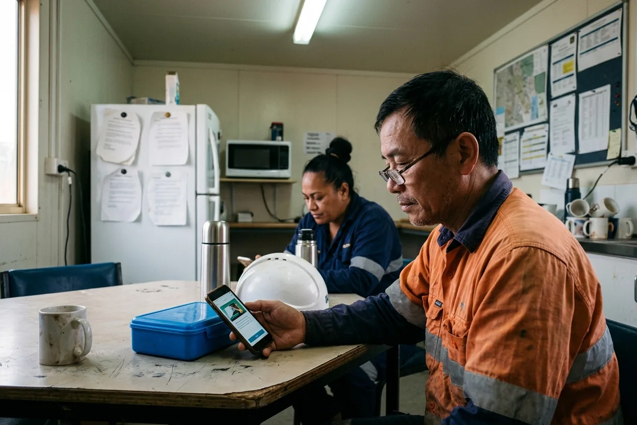 A worker in hi-vis doing an online site induction on his phone at a table in a crib room, a lunchbox and a hard hat beside him