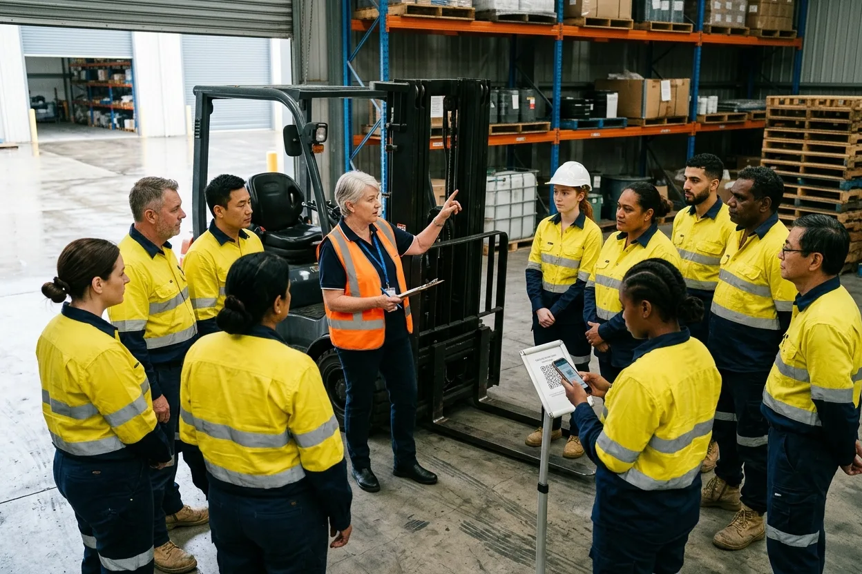 A trainer with a small group of workers beside a forklift in a warehouse, one worker scanning the session QR code on a stand to record attendance