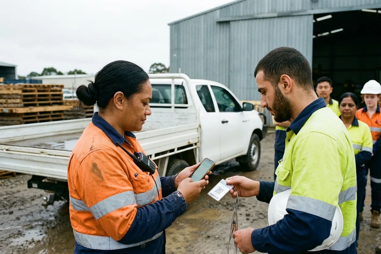 A site supervisor scanning the QR code on a worker’s access card with her phone in a wet gravel yard, a ute and pallets behind them