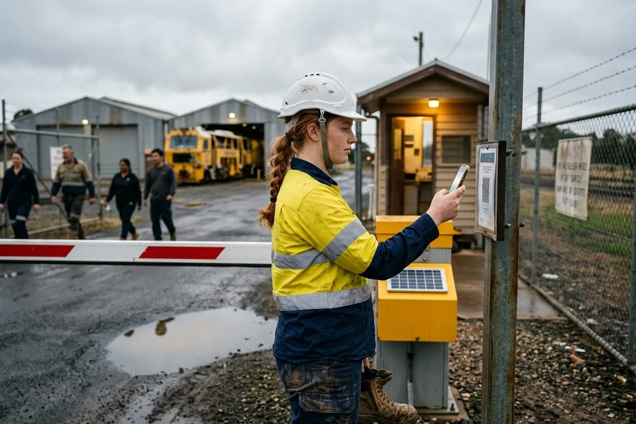 An apprentice in hi-vis and a hard hat holding her phone up to the QR sign-in board at a rail depot boom gate on an overcast morning