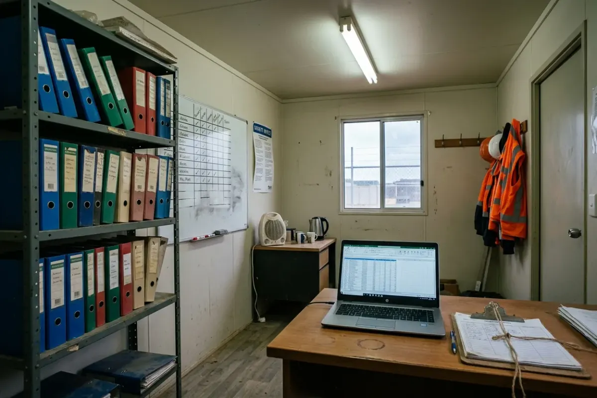 A portable site office with lever-arch folders, a whiteboard of names and ticks, a laptop open on a spreadsheet, and a clipboard sign-in sheet