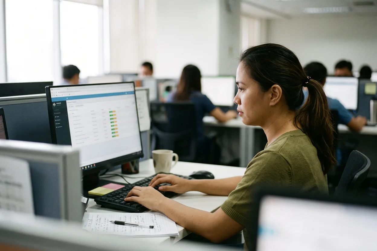 A support specialist at her desk in a bright open-plan office, typing a reply to a customer, a list of records with green and amber status chips on her screen