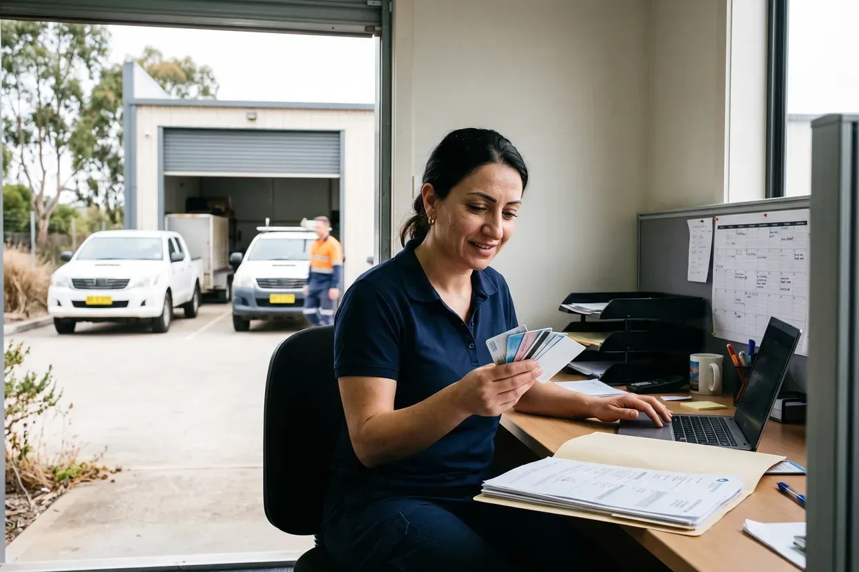 A contractor’s compliance administrator at her desk in a western Sydney industrial unit, fanning out a new crew’s licence cards beside a laptop and a folder of insurance certificates, two utes in the yard behind